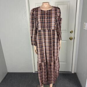 Frances Hart Women's Maternity Dress Medium Plaid Long Sleeve Cotton WW16